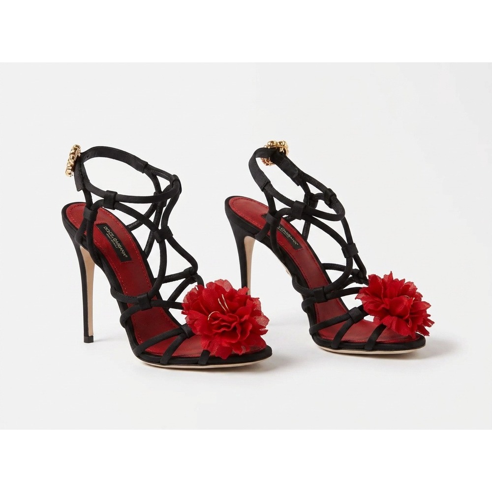 Dolce Gabbana Keira Black Satin Rose Sandals NWT Jeweled Buckle Heels Sirencore